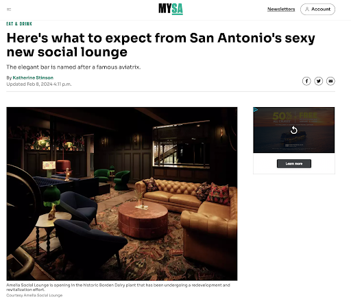 Screenshot for press article from MySA for Amelia Social Lounge.