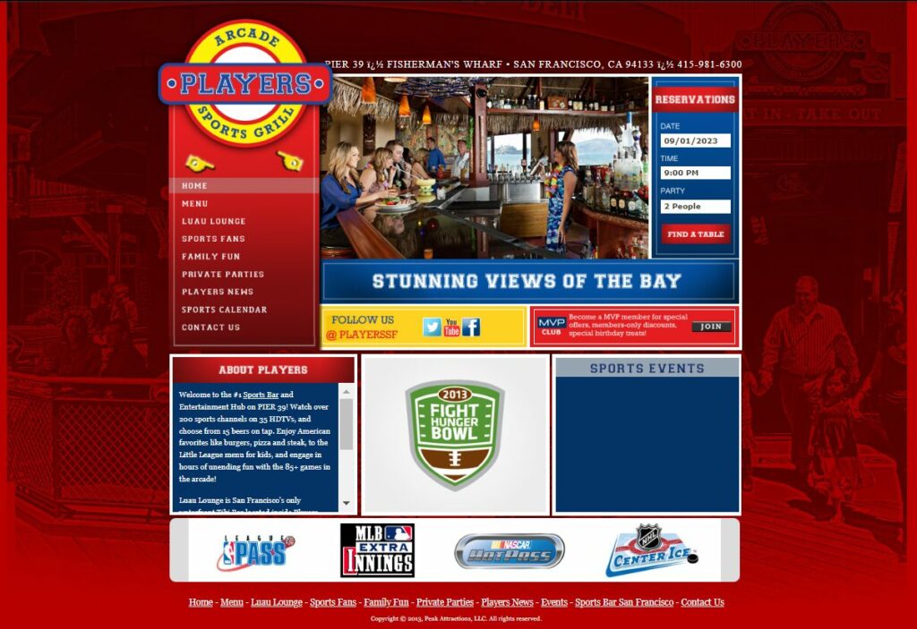 Screenshot of previous Player's Sports Grill & Arcade website.