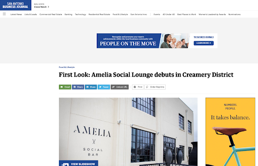 Screenshot for press article from the San Antonio Business Journal for Amelia Social Lounge.