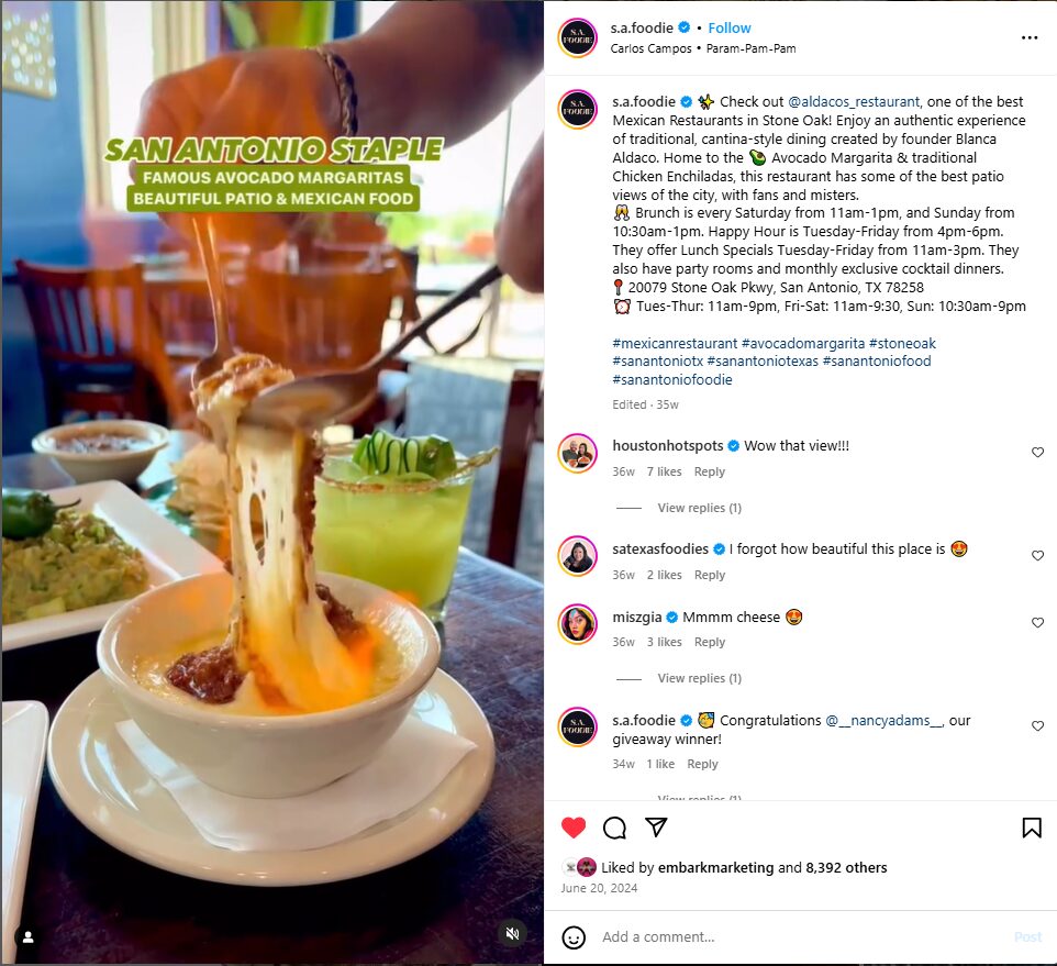 Screenshot of Instagram post for SAFoodie & Aldacos Influencer partnership